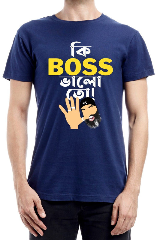  Navy blue t-shirt with "Ki Boss Bhalo" in Bengali script, a cartoon hand, and a face with a cap.