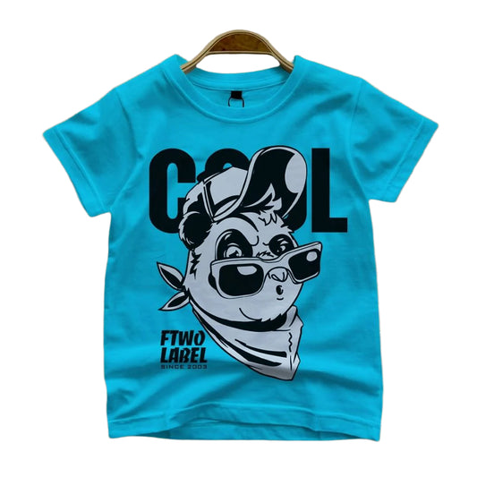 Bright blue t-shirt on a hanger features a cartoon panda wearing sunglasses and a bandana with the word "COOL".