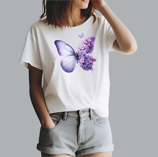 Soft White t-shirt with a large butterfly graphic featuring a lavender floral wing and a solid light purple wing.