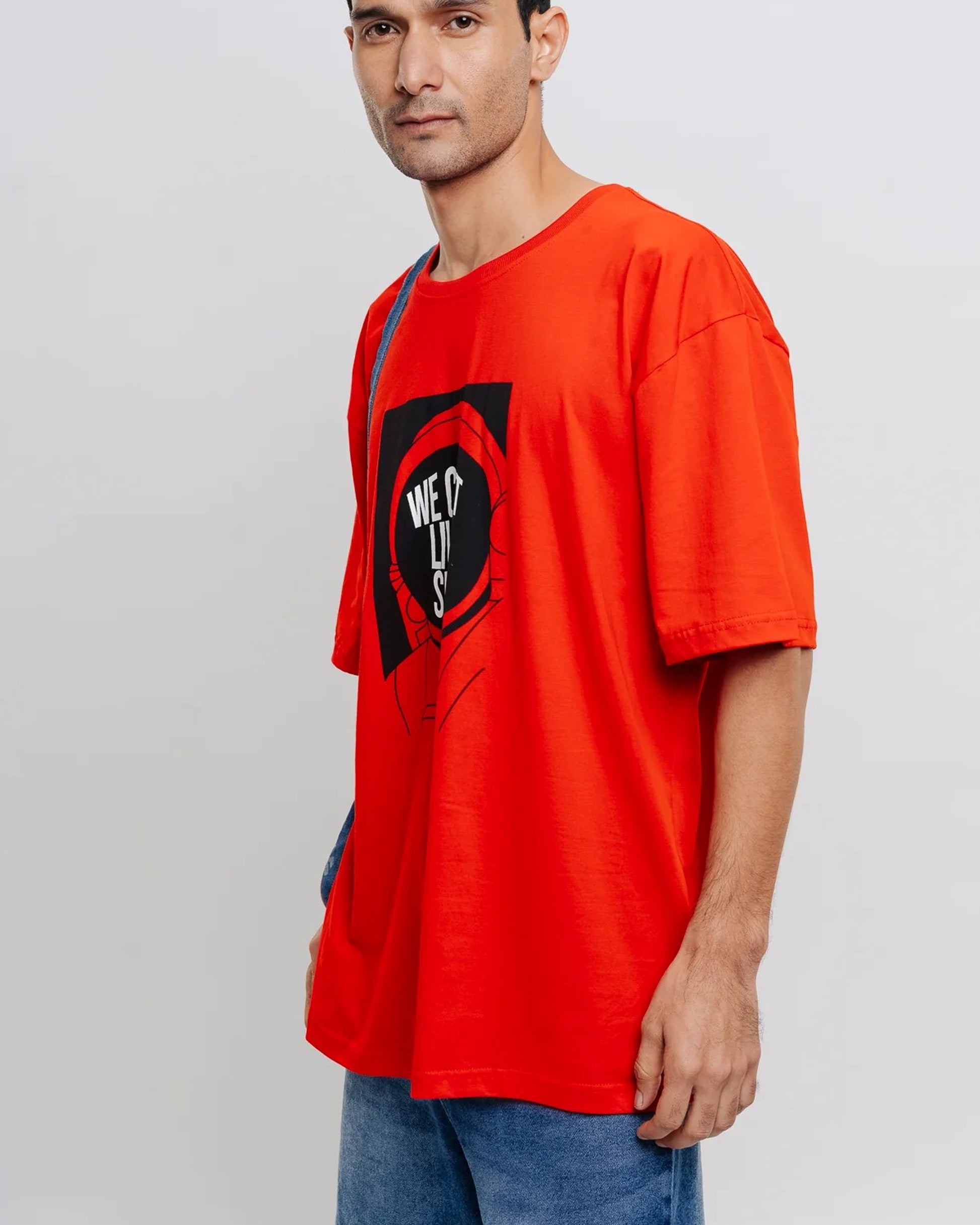 Left Sided View of We Can Live In Space Printed Red Oversize T-Shirt