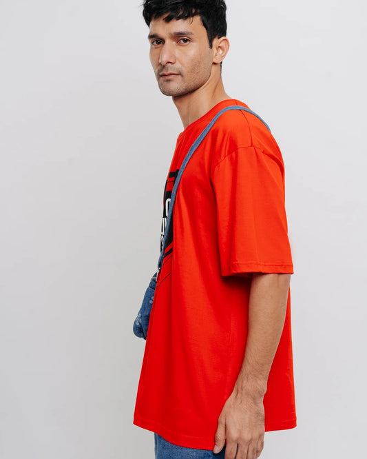 Left View of We Can Live In Space Printed Red Oversize T-Shirt