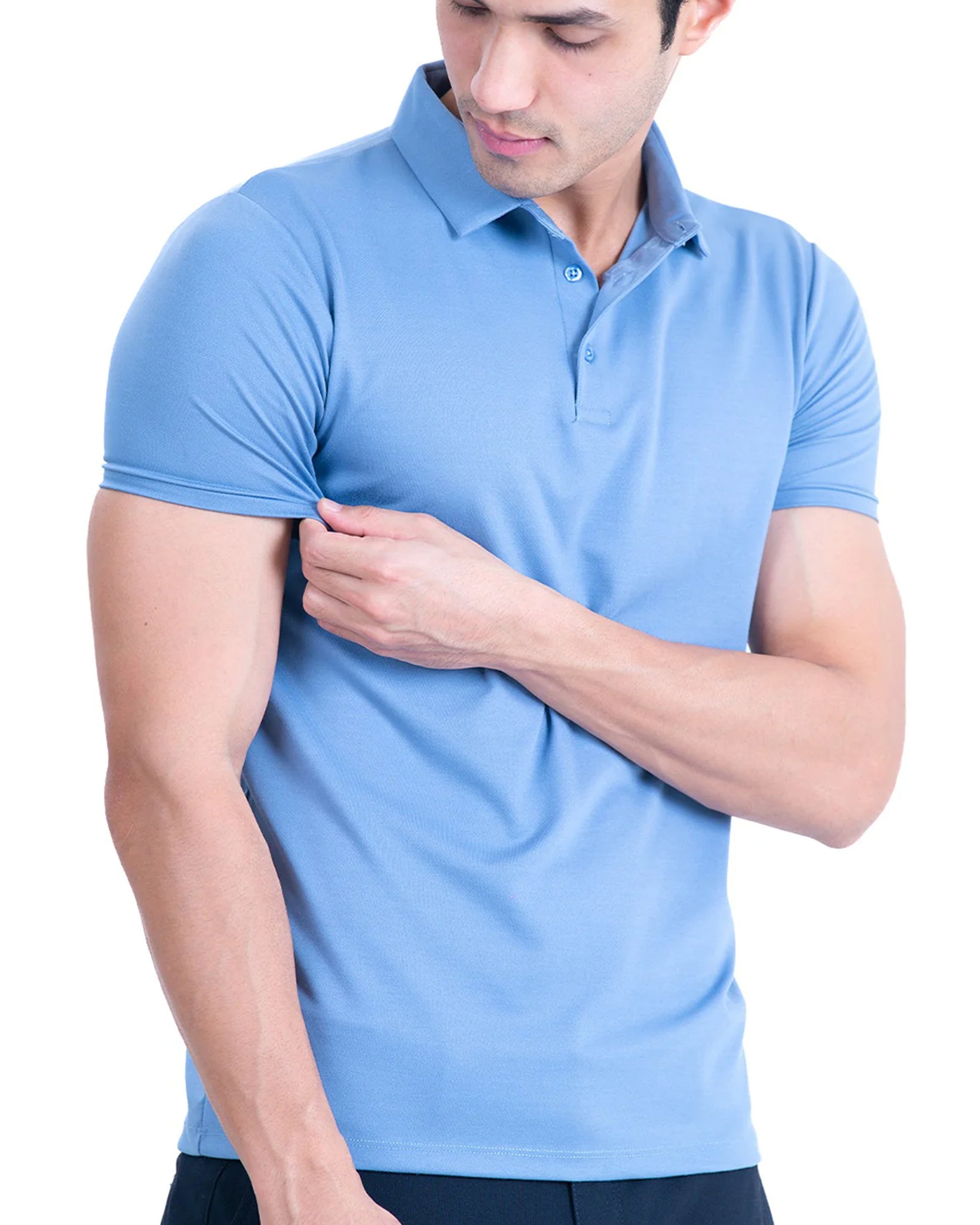 Left short sleeves view Light Blue Polo T-Shirt for Men with Short Sleeves and Collar