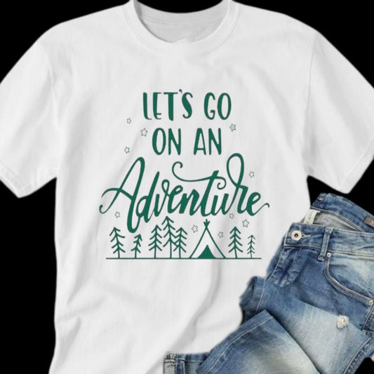 White t-shirt with green text "LET'S GO ON AN Adventure" above trees and a tent graphic.