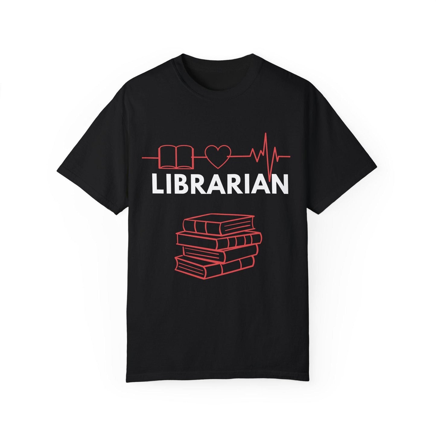 Black t-shirt with a red line art graphic depicting a book, heart, and heartbeat leading to the word "Librarian."  Showcases passion for books and library work.