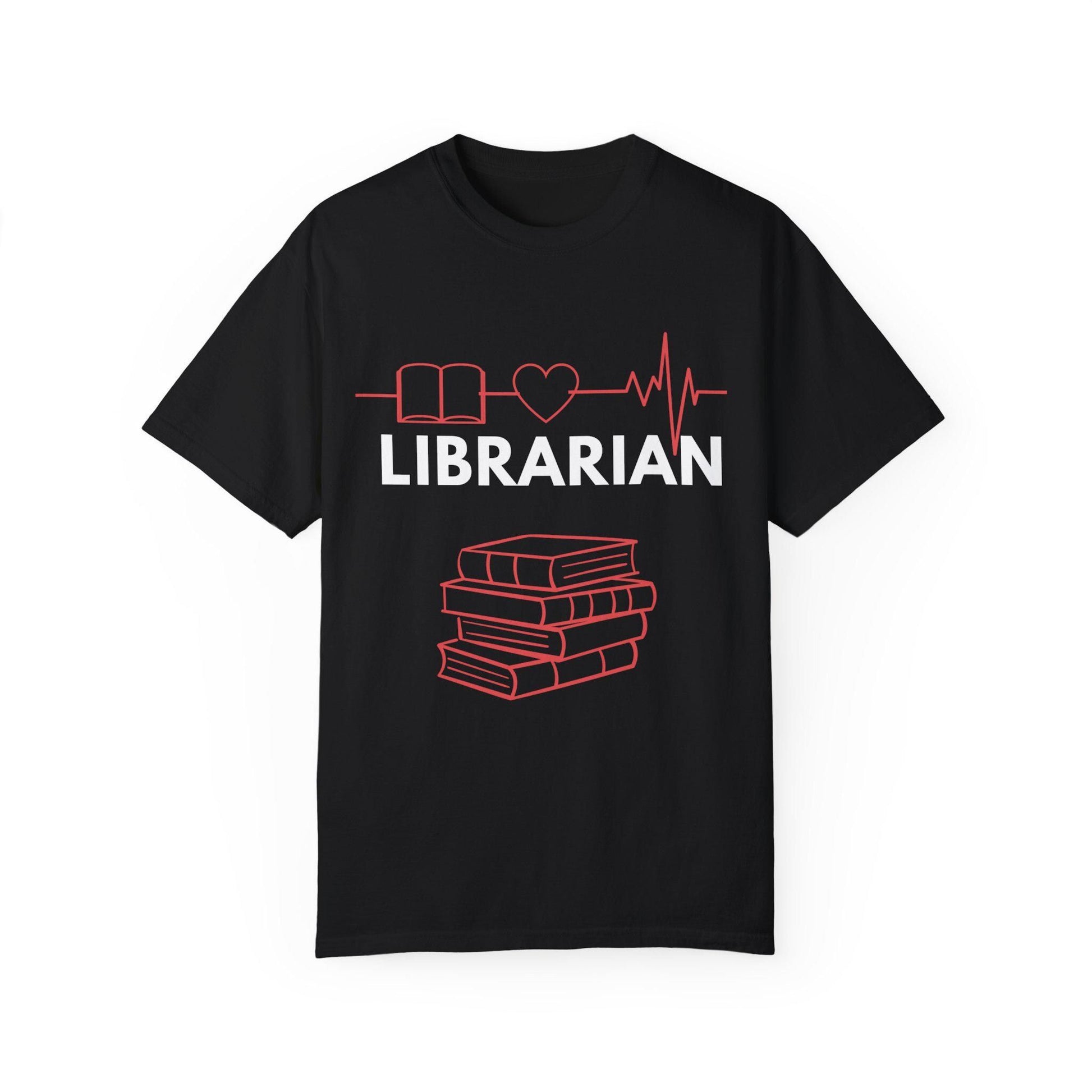 Black t-shirt with a red line art graphic depicting a book, heart, and heartbeat leading to the word "Librarian."  Showcases passion for books and library work.