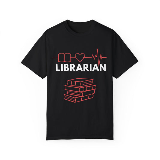 Black t-shirt with a red line art graphic depicting a book, heart, and heartbeat leading to the word "Librarian."  Showcases passion for books and library work.