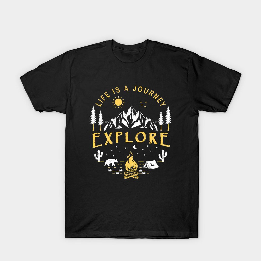  Black t-shirt with a yellow and white graphic featuring mountains, a campfire, bear, tent, and "LIFE IS A JOURNEY EXPLORE".
