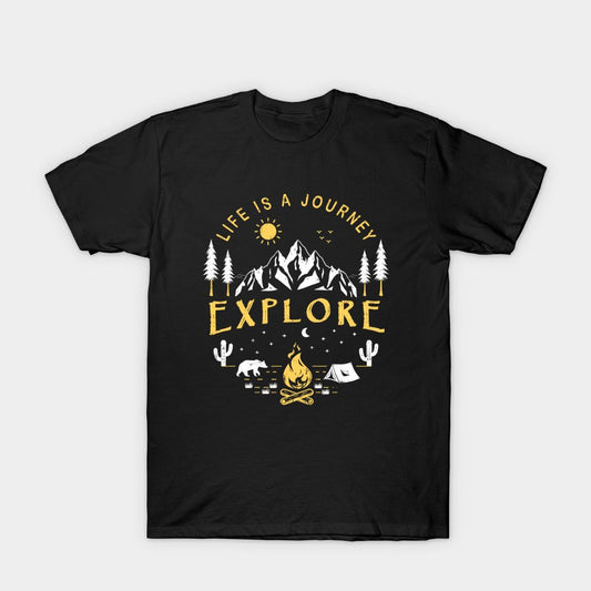  Black t-shirt with a yellow and white graphic featuring mountains, a campfire, bear, tent, and "LIFE IS A JOURNEY EXPLORE".