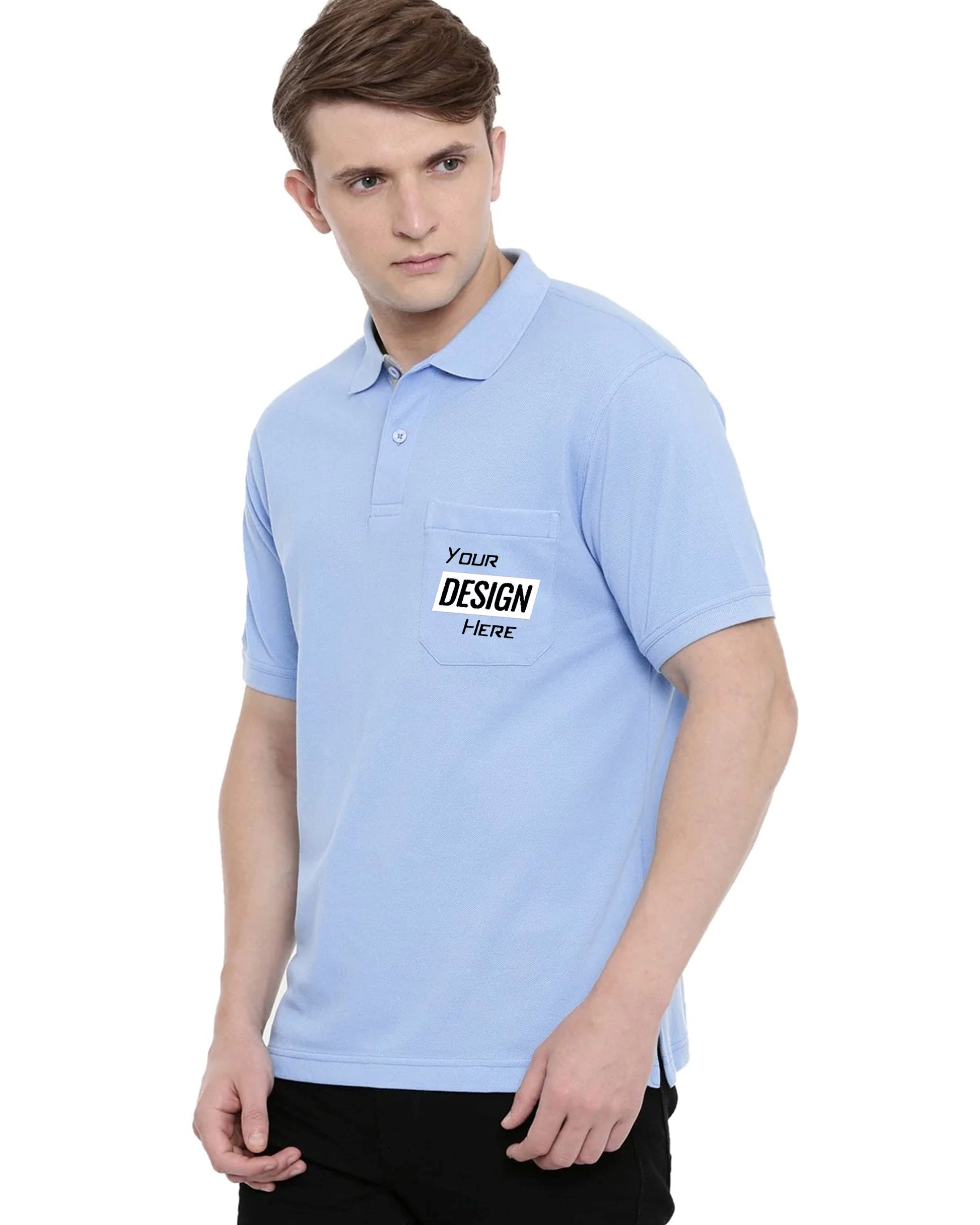  A man looks to the side wearing a light blue polo t-shirt with a pocket featuring "Your Design Here".
