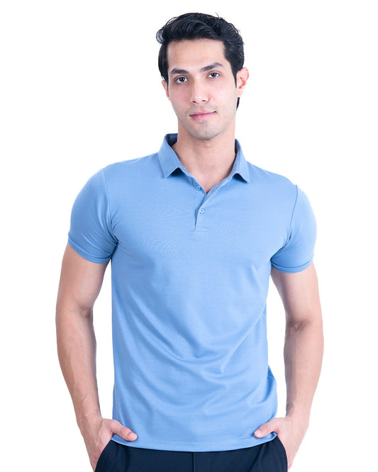 Men wearing a fitted light blue polo t-shirt with a collar