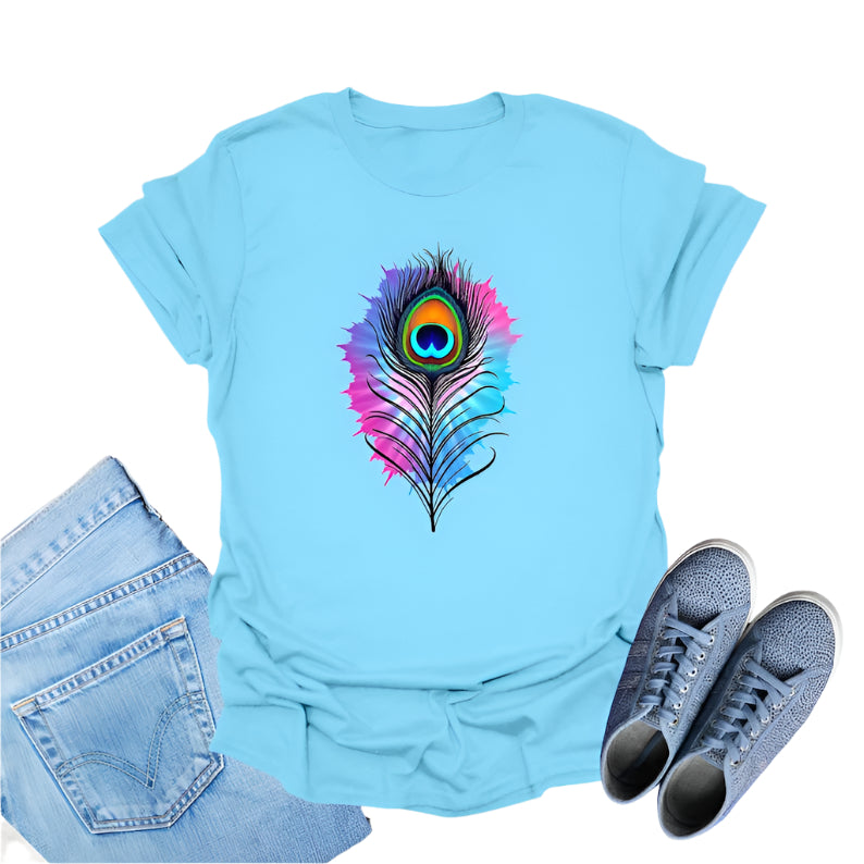 Light blue t-shirt featuring a colorful watercolor-style graphic of a peacock feather.