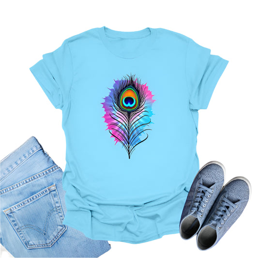 Light blue t-shirt featuring a colorful watercolor-style graphic of a peacock feather.