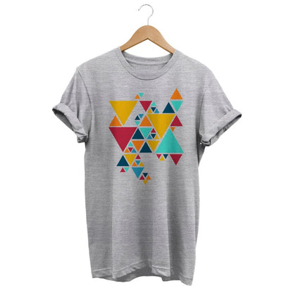 Light Grey T-shirt with Vibrant Abstract Geometric Triangle Cluster.