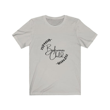 Light Grey t-shirt featuring the text "Bakwaas Child" in a stylish font, accompanied by leaf graphics.