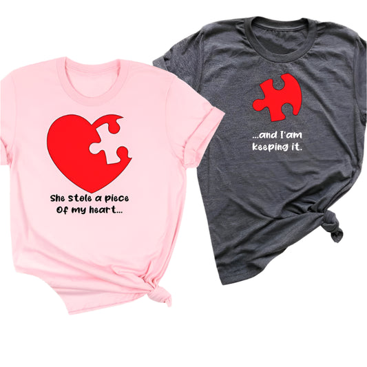 Light Pink - She Stole A Piece Of My Heart & Grey ...And I Am Keeping It PrintedCouple T-Shirt