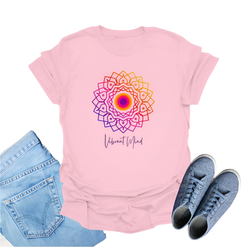 Light Pink t-shirt displays a colorful gradient mandala graphic and the text "Vibrant Mind" in cursive.