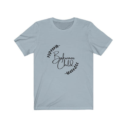 Light t-shirt featuring the text "Bakwaas Child" in a stylish font, accompanied by leaf graphics.