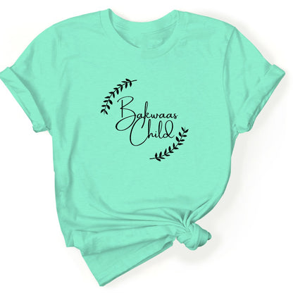 Lime Green t-shirt featuring the text "Bakwaas Child" in a stylish font, accompanied by leaf graphics.