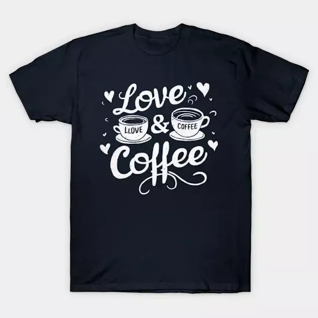 Black t-shirt with "Love & Coffee" text and two steaming coffee cup graphics. A simple design for coffee enthusiasts.