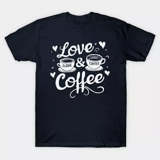 Black t-shirt with "Love & Coffee" text and two steaming coffee cup graphics. A simple design for coffee enthusiasts.
