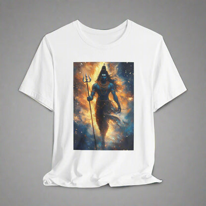 White T-Shirt featuring a vibrant illustration of Lord Shiva holding his Trishul (trident).