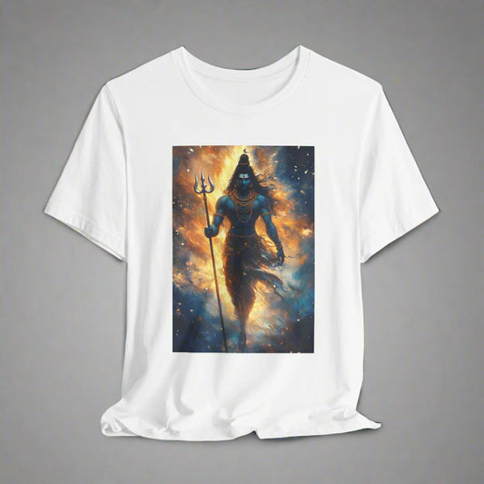 White T-Shirt featuring a vibrant illustration of Lord Shiva holding his Trishul (trident).