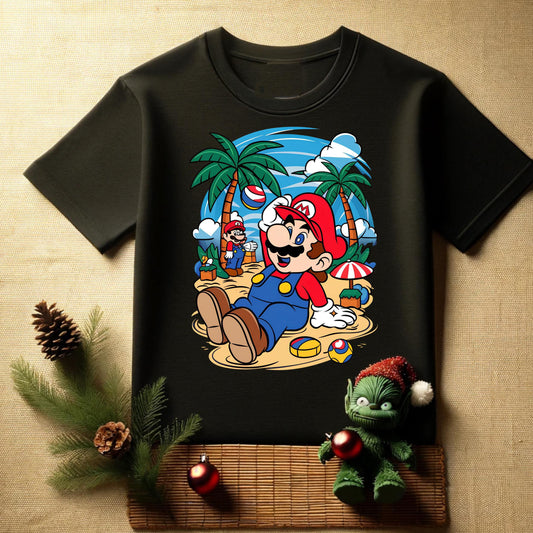 Black t-shirt with a cartoon graphic of Mario relaxing on a beach with palm trees.