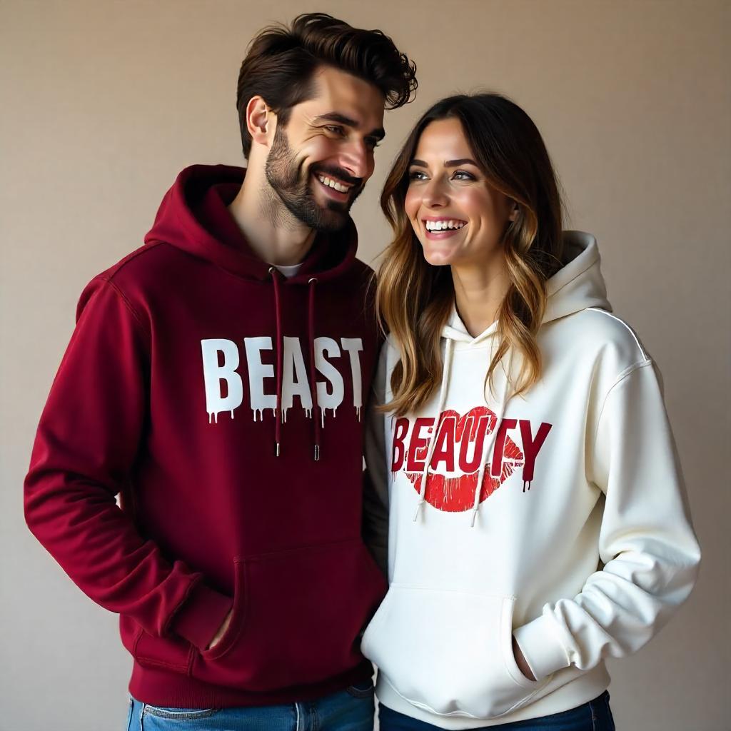Maroon Beast & White Beauty Couple Hoodies
