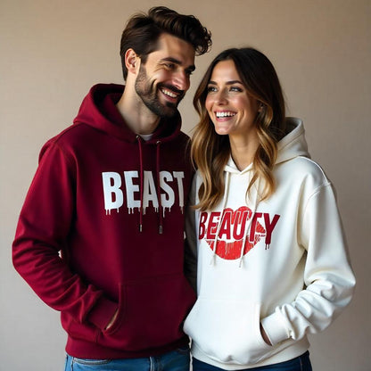 Maroon Beast & White Beauty Couple Hoodies