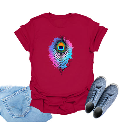 Maroon t-shirt featuring a colorful watercolor-style graphic of a peacock feather.