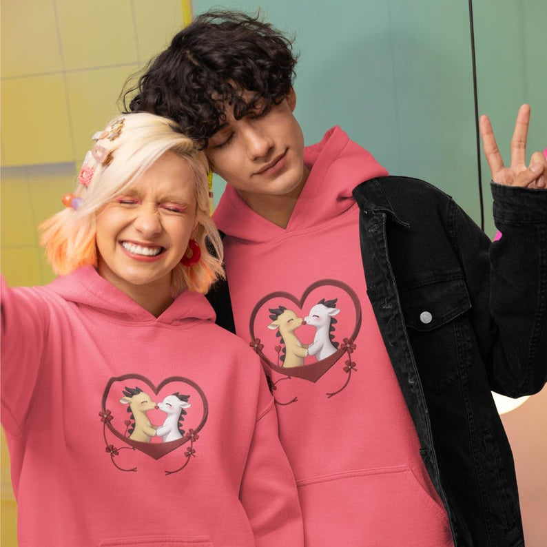 Matching Black Couple Dark Pink Hoodies with Cute Kissing Calves Heart