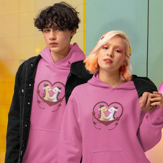 Matching Black Couple Pink Hoodies with Cute Kissing Calves Heart