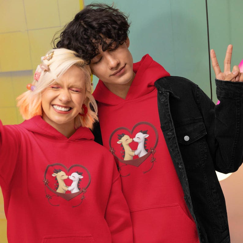 Matching Black Couple Red Hoodies with Cute Kissing Calves Heart