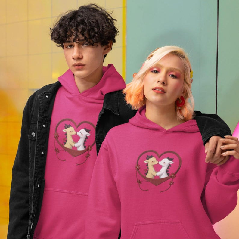 Matching Black Couple in Pink Hoodies with Cute Kissing Calves Heart