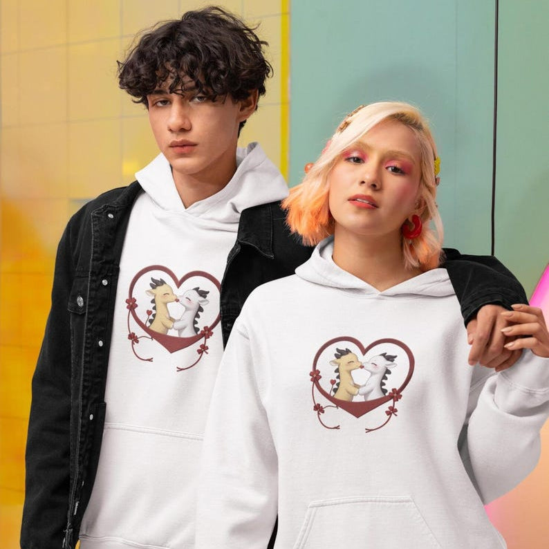 Matching Black Couple in White Hoodies with Cute Kissing Calves Heart