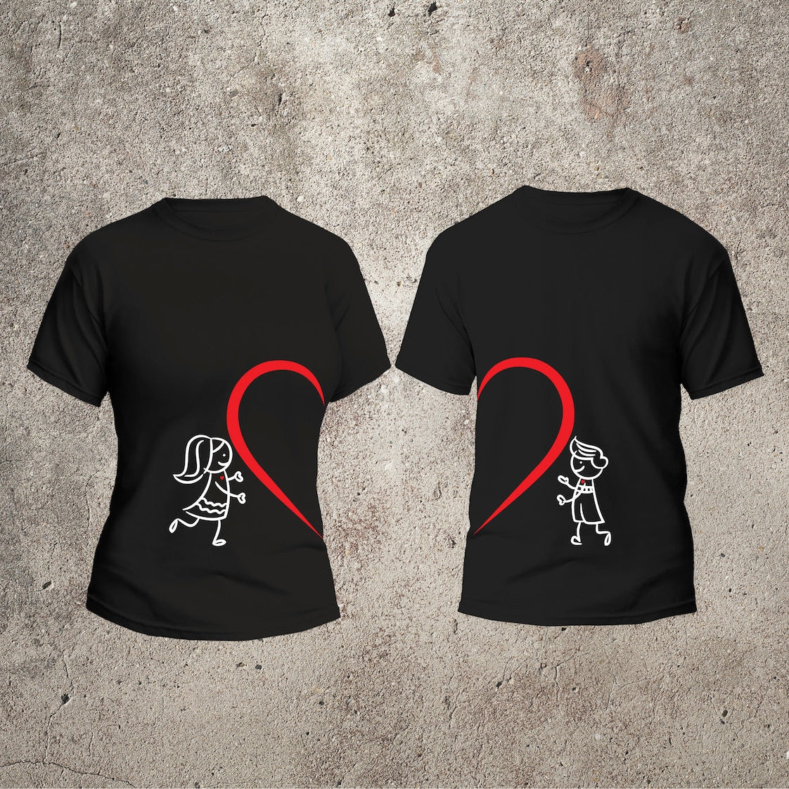 Two black t-shirts show stick figures of a boy and girl reaching towards a red heart.