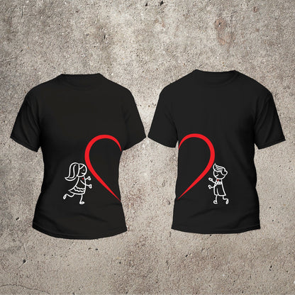 Two black t-shirts show stick figures of a boy and girl reaching towards a red heart.