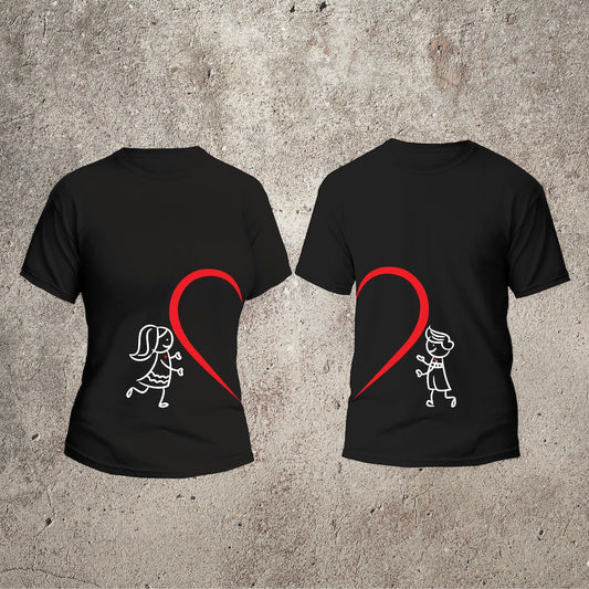 Two black t-shirts show stick figures of a boy and girl reaching towards a red heart.