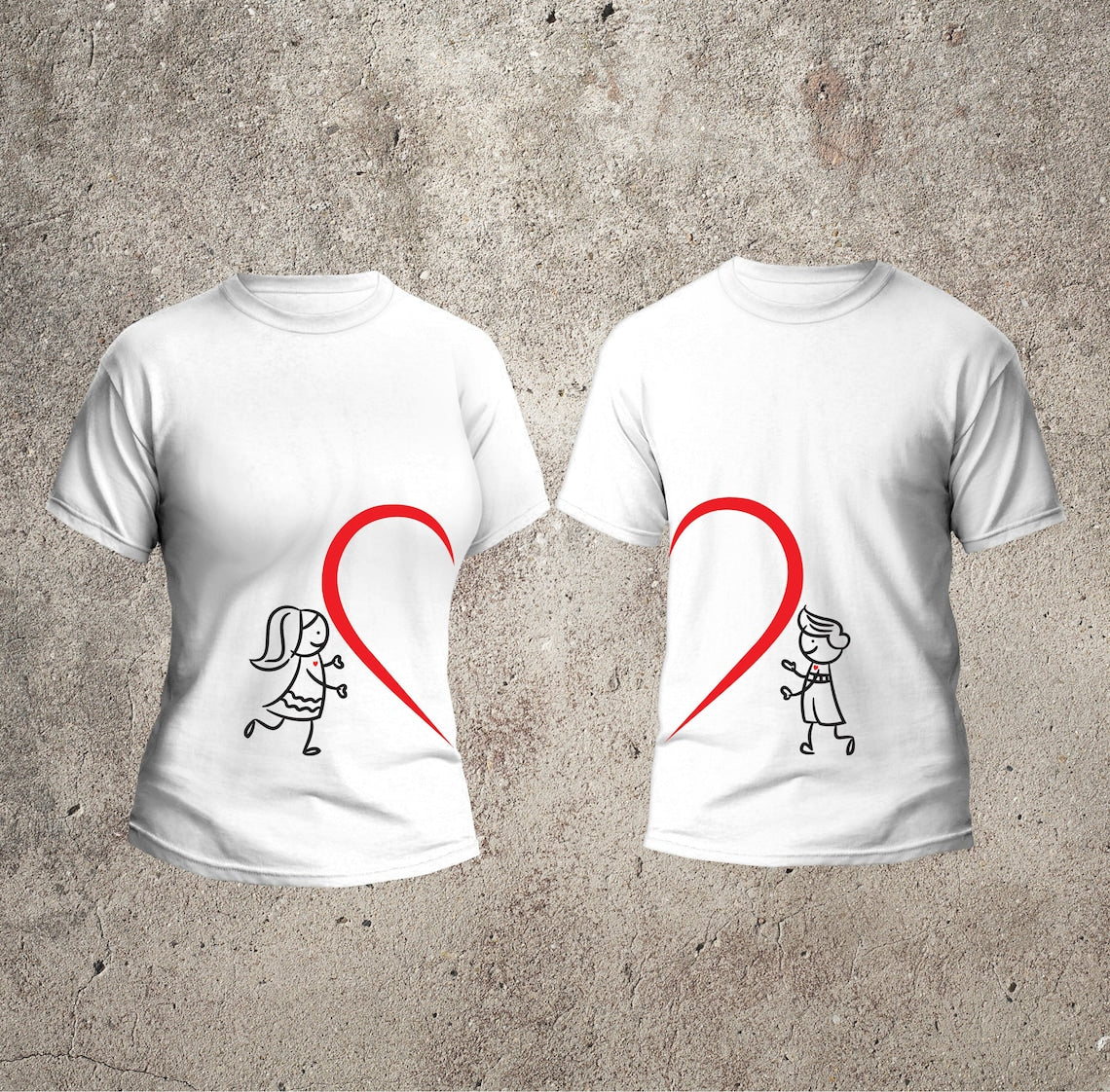 Two white t-shirts show stick figures of a boy and girl reaching towards a red heart.