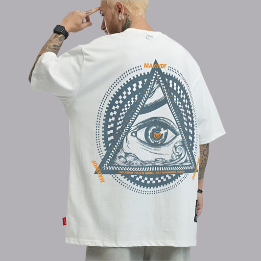 White oversize t-shirt with a large graphic on the back featuring an eye within a triangle, surrounded by a circular pattern and "Maxdof" text.