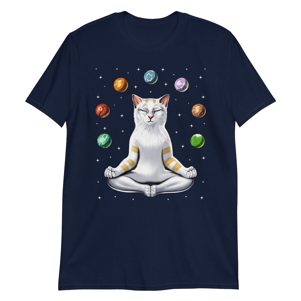 Dark Navy T-Shirt featuring a white cat in a meditative pose surrounded by colorful planets and stars.