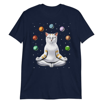 Dark Navy T-Shirt featuring a white cat in a meditative pose surrounded by colorful planets and stars.
