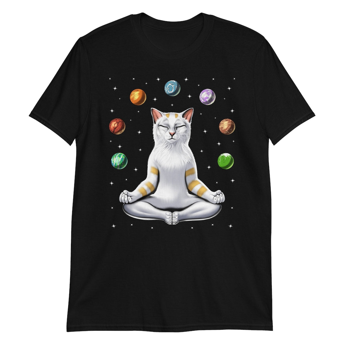 Black T-Shirt featuring a white cat in a meditative pose surrounded by colorful planets and stars.