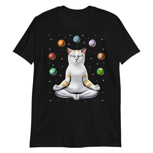 Black T-Shirt featuring a white cat in a meditative pose surrounded by colorful planets and stars.