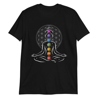 Black T-Shirt featuring a white outline of a meditating figure with vibrant chakra symbols aligned along the spine and a geometric background.