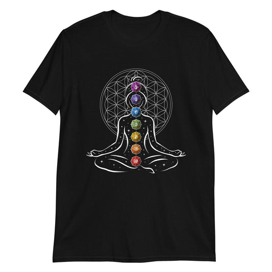 Black T-Shirt featuring a white outline of a meditating figure with vibrant chakra symbols aligned along the spine and a geometric background.