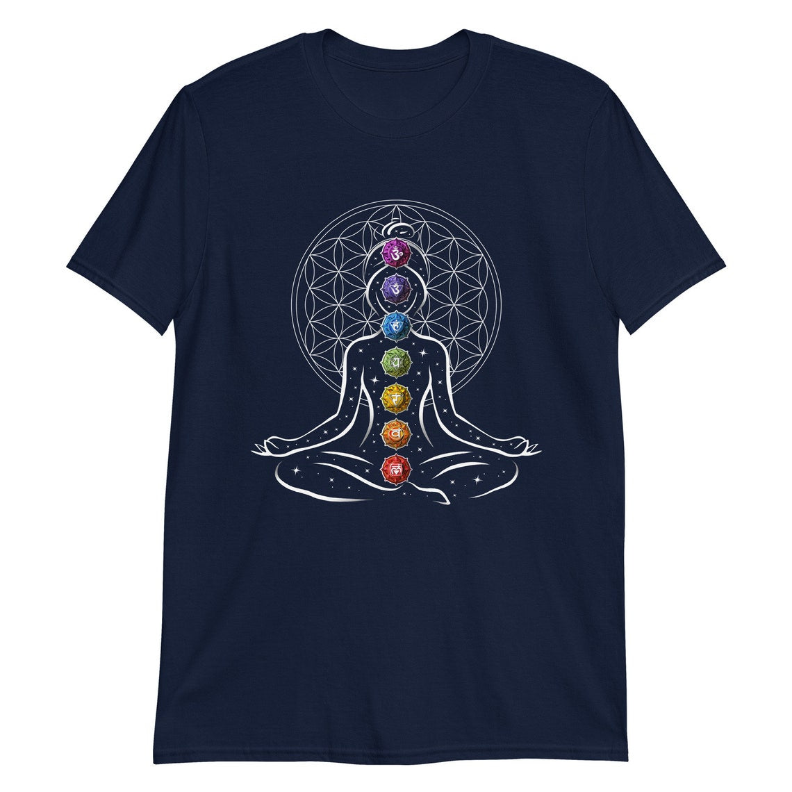 Dark Navy T-Shirt featuring a white outline of a meditating figure with vibrant chakra symbols aligned along the spine and a geometric background.