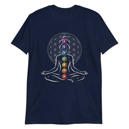 Dark Navy T-Shirt featuring a white outline of a meditating figure with vibrant chakra symbols aligned along the spine and a geometric background.