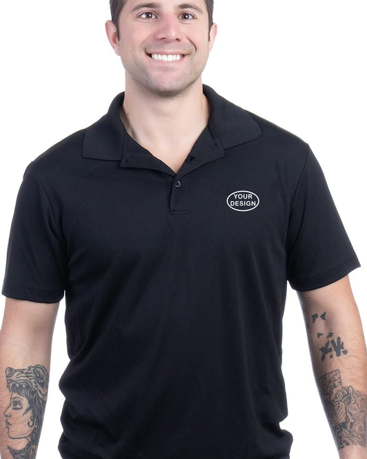  A smiling man wears a black polo t-shirt featuring an oval with "Your Design" inside.