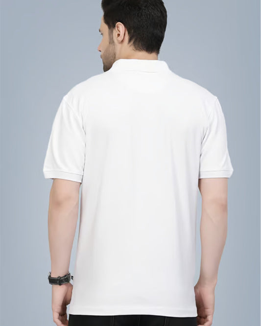 A men is shown from the back, wearing a plain white short-sleeved polo t-shirt.